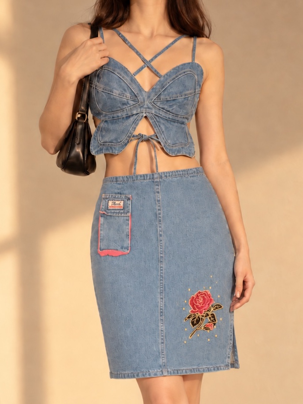 Denim Pencil Skirt with Embroidered Rose - Blue